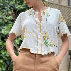 Urban Outfitters Top embroidered button up crop kenzie womens Cream (small)
